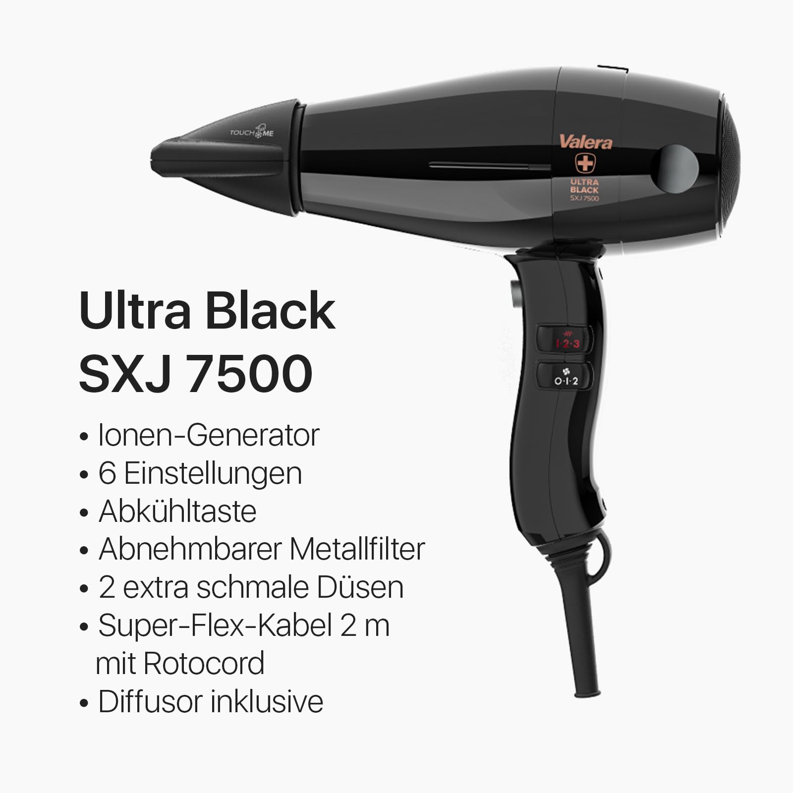 Valera, Swiss Silent Jet Light 7500 Ultrablack, professioneller Haartrockner, Föhn mit leistungsstarkem Motor PM-Pro, 6 Temperaturstufen, Ionen-Generator, verdrehsicheres Super-Flex-Kabel, 2000 W | Black,Föhn mit Leistungsstarkem Motor PM-Pro,6 Temperatur
