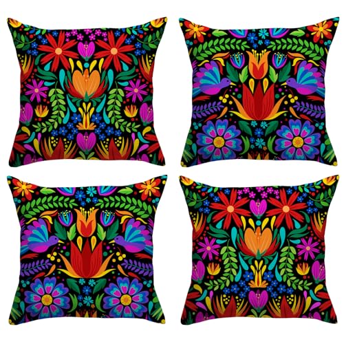 FARMNALL Lot de 4 Housses de Coussin Motif fête Mexicaine 45,7 x 45,7 cm, Motif Libellule, Fleur Dahlia, Jour des Morts, Dia de Los Muertos Cinco de Mayo