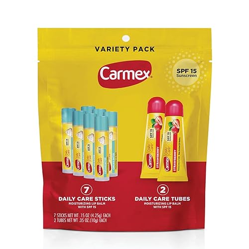 Carmex Daily Care Moisturizing Lip Balm Pack, SPF 15, Strawberry & Cupcake Batter Flavor Variety Pack Bag, 9 Count (7 Sticks, 2 Tubes) - 9 Count (7 Sticks, 2 Tubes)