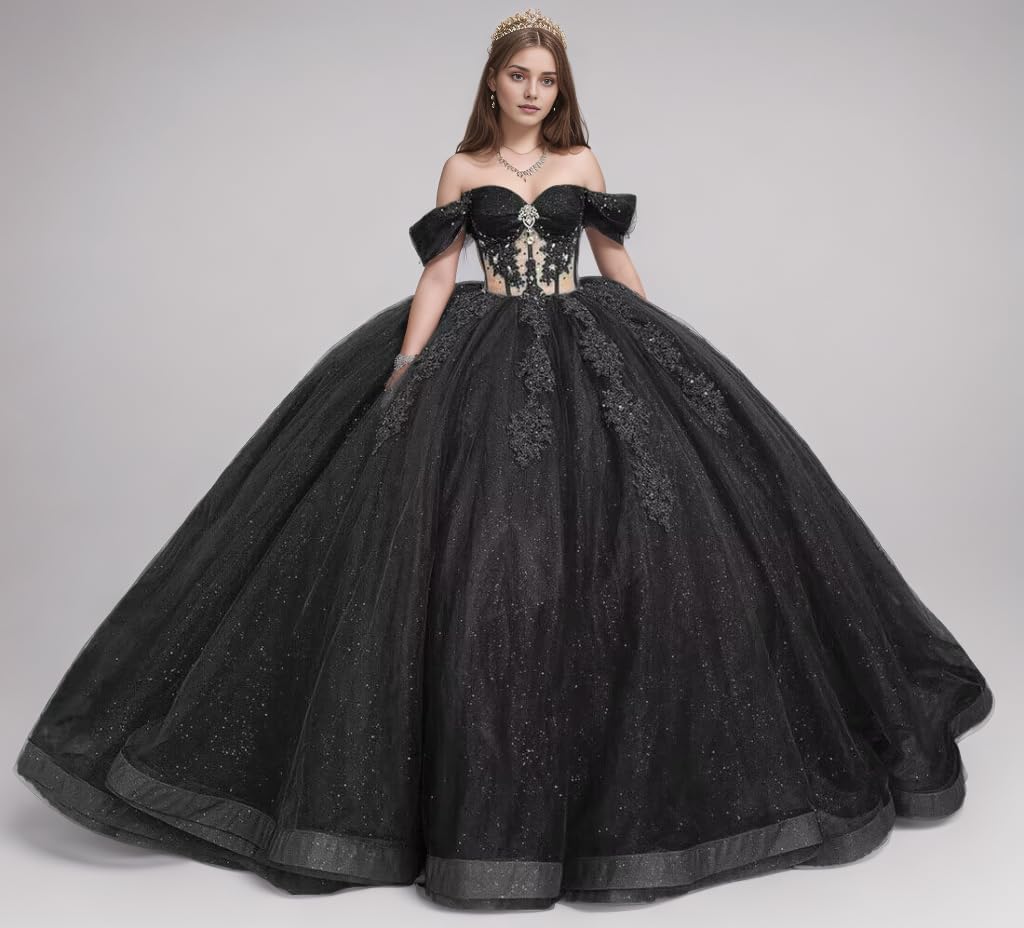 Women's Off Shoulder Quinceanera Dresses Lace Tulle Ball Gowns for Sweet 15 16 Dresses Prom Ball Gown with Train