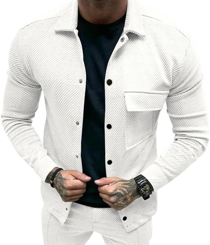 Men's Slim Fit Jacket Spring Autumn Solid Twill Button Front Casual Top with Pockets for Holidays Daily Wear - Image 2