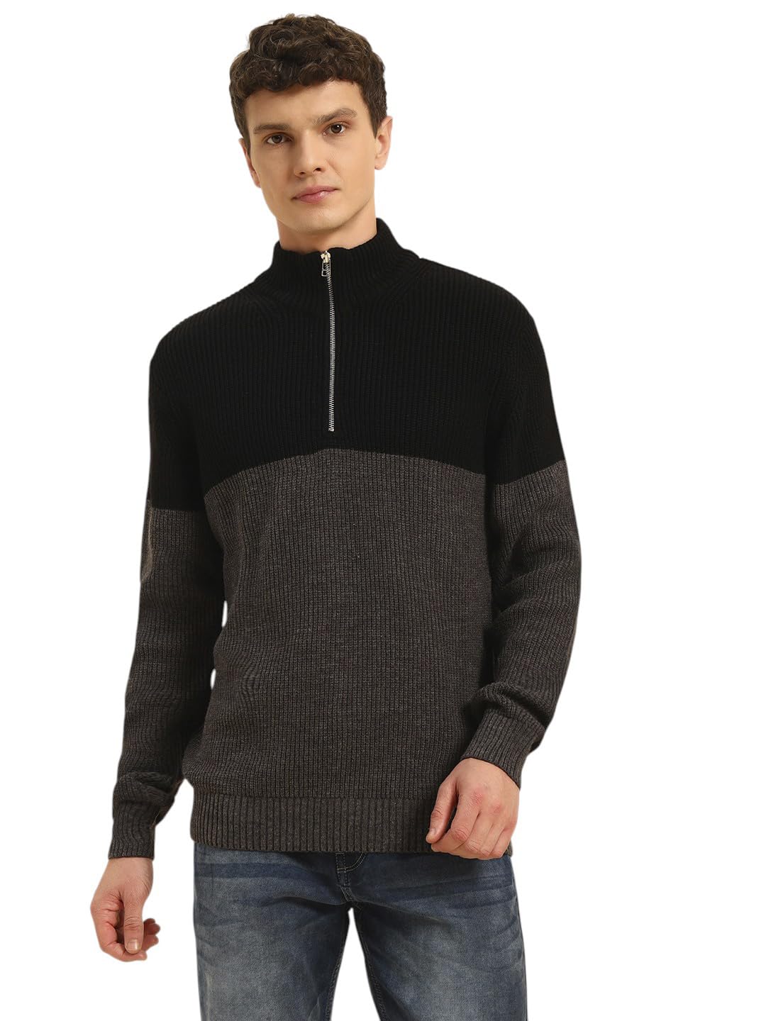 cantabil Sweater for Men l Winter Wear Acrylic Fabric Zipper Closure Mock Neck Regular Fit Colour Block Pattern (P_MSWT00158)-picture-28