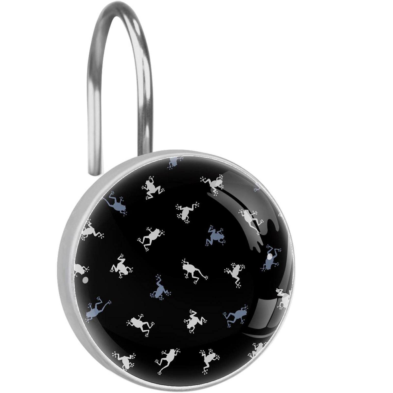 Crochets pour rideau de douche lot de 12 en acier avec motif grenouille blanche et fond noir