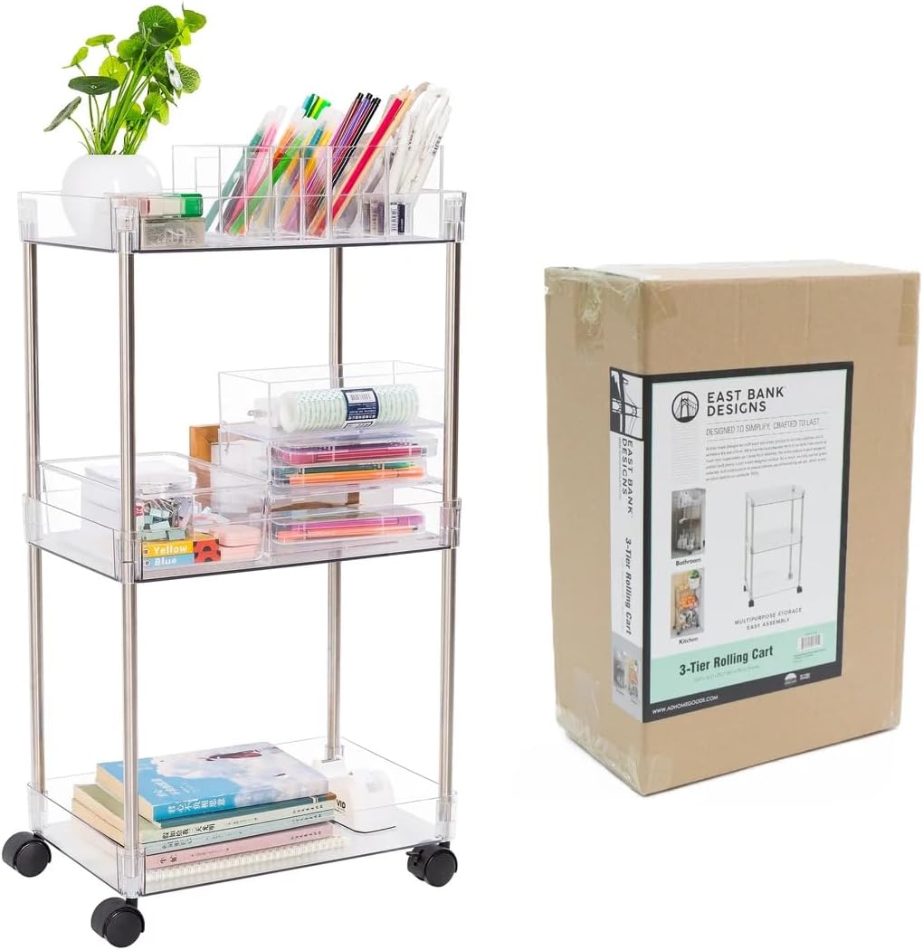 J&V TEXTILES 3 Tier Acrylic Rolling Cart with Wheels, Utility Storage Cart with Handle and Lockable Casters, Storage Basket Organizer Shelves, Easy Assemble for Kitchen, Living Room (Standard)