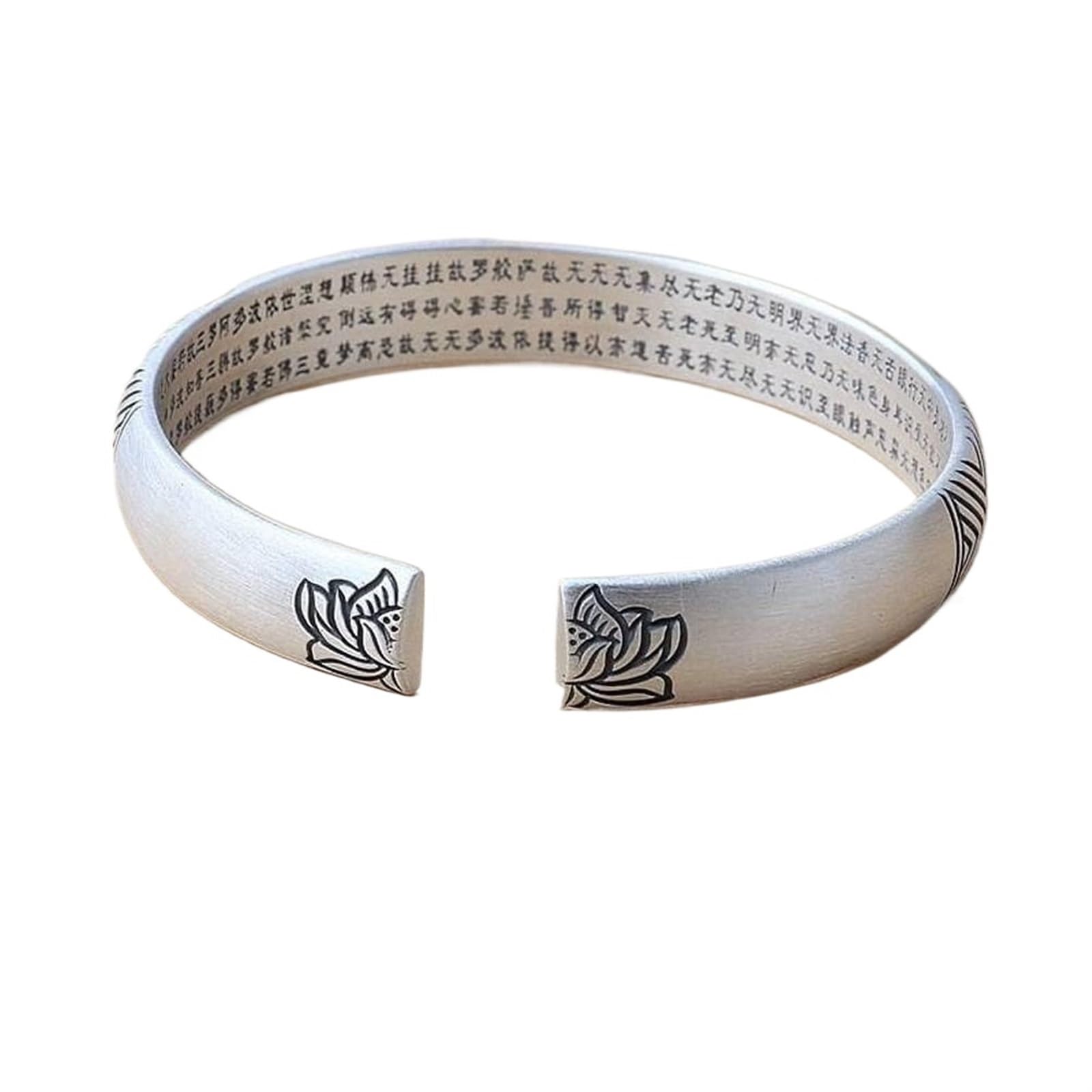 Bracciale in argento, bracciale rigido alla moda, bracciale rigido in argento 999 opaco con goffratura Bracciale aperto con fiori femminili Bracciale con detti buddisti antichi confezionato in scatola