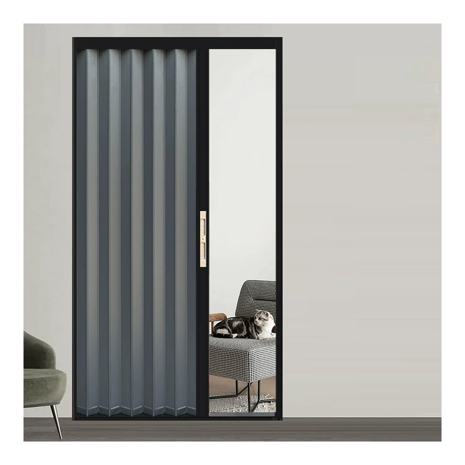 Kphymod Black Frame Aluminum Retractable Folding Door, Space Saving Ultra Low Track Accordion Room Partition For Kitchen Shower Bedroom Separator(,82.6X198cm)