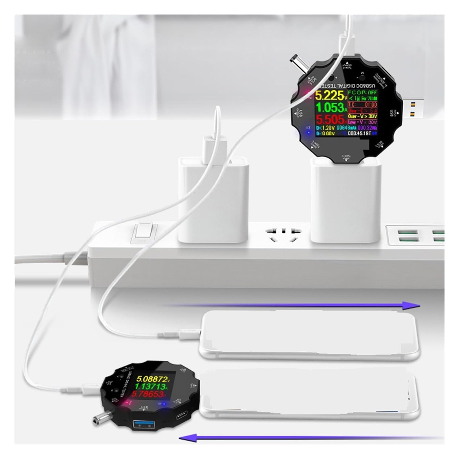 Testeur USB, Testeur USB voltmètre numérique cc, ampèremètre de tension, ampèremètre USB3.0, détecteur 18 en 1, chargeur de batterie externe + pince Crocodile cc(Add LOAD)