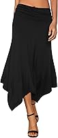 DJT Women's Flowy Handkerchief Hem Midi Skirt - Soft Breathable Rayon Spandex, Ruched Elastic Waist, Versatile High-Low Hem for Vacation & Casual Wear