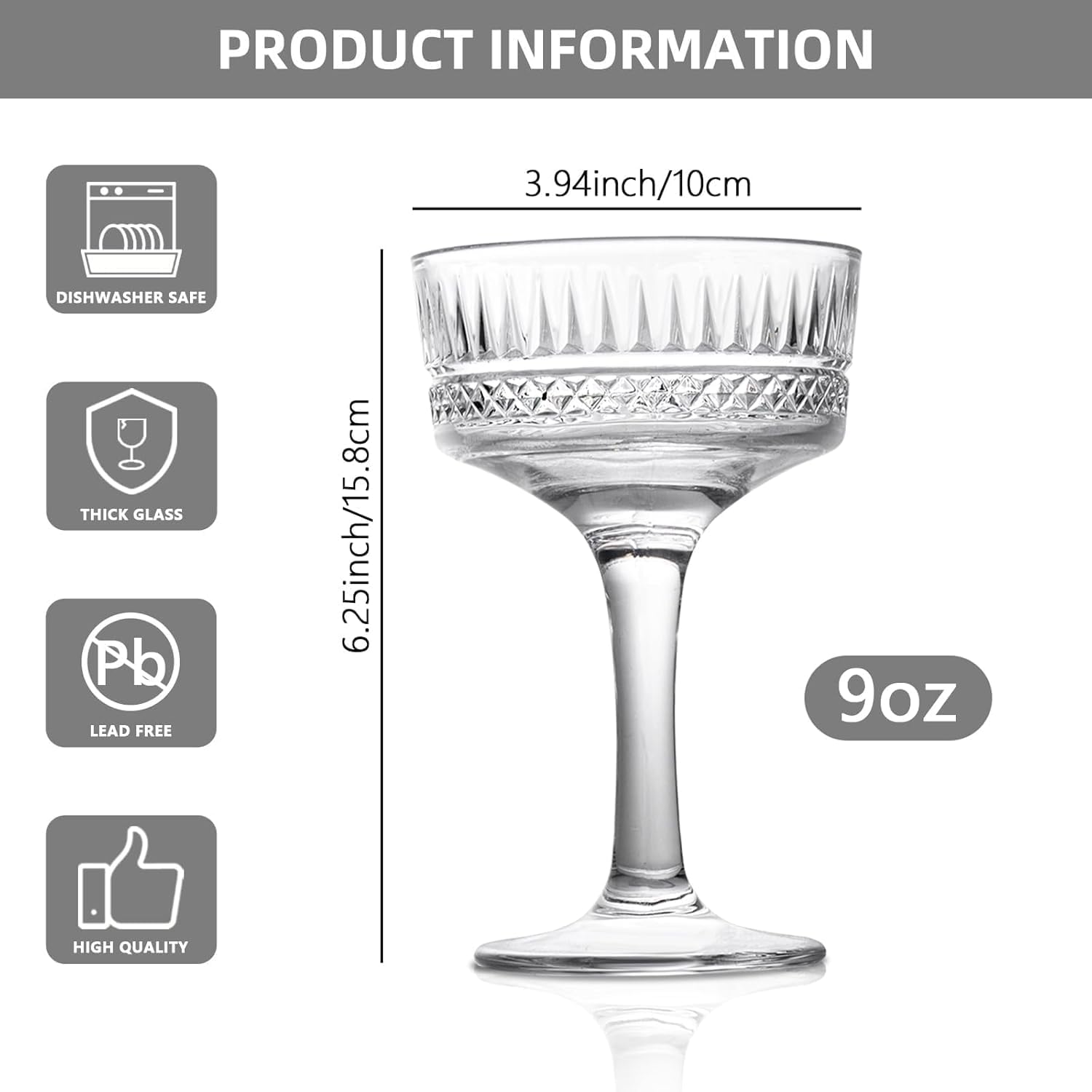 Vintage Long Stem Crystal Coupe Glasses Set of 6, 9oz Martini Glasses for Cocktails, Champagne, and Wine (6 SET)
