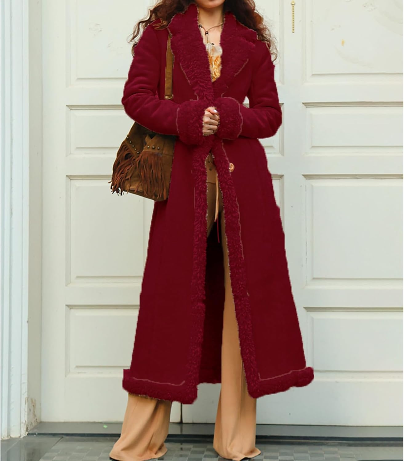 Long Winter Coats for Women Faux Suede Leather Shearing Jacket Fuzzy Sherpa Lined Trench Coat Business Casual Overcoat - Image 6