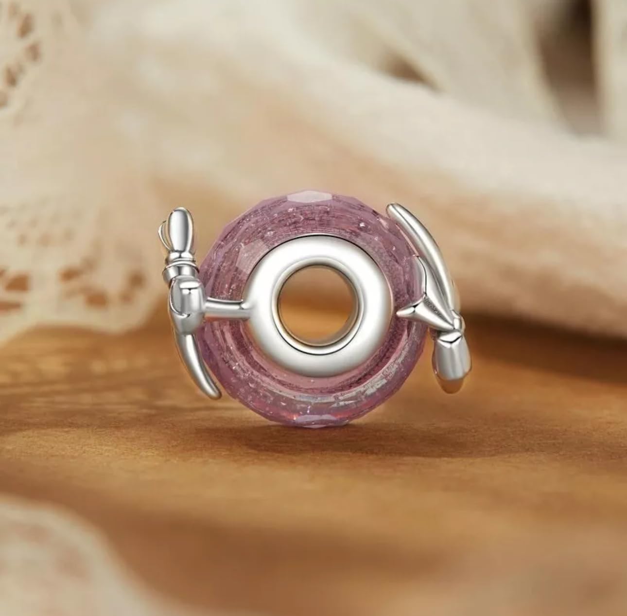 Charm-Anhänger aus Muranoglas mit rosa Schleife, echtes 925er-Sterlingsilber, kompatibel mit Pandora-Armbändern