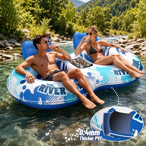 Image of JOSEN Inflatable River Tube Float - 2 Person Heavy Duty River Float, Pool Floats Adult, Lake River Floats Water Tubes for Floating with Removable Cooler & Cupholders for Summer Relaxation