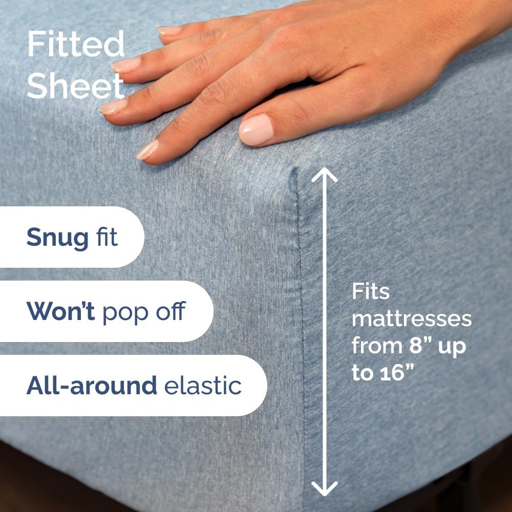 CGK Unlimited Twin Size 3 Piece Blue (Heathered Sheets) Sheet Set + Twin Size Terry Mattress Protector