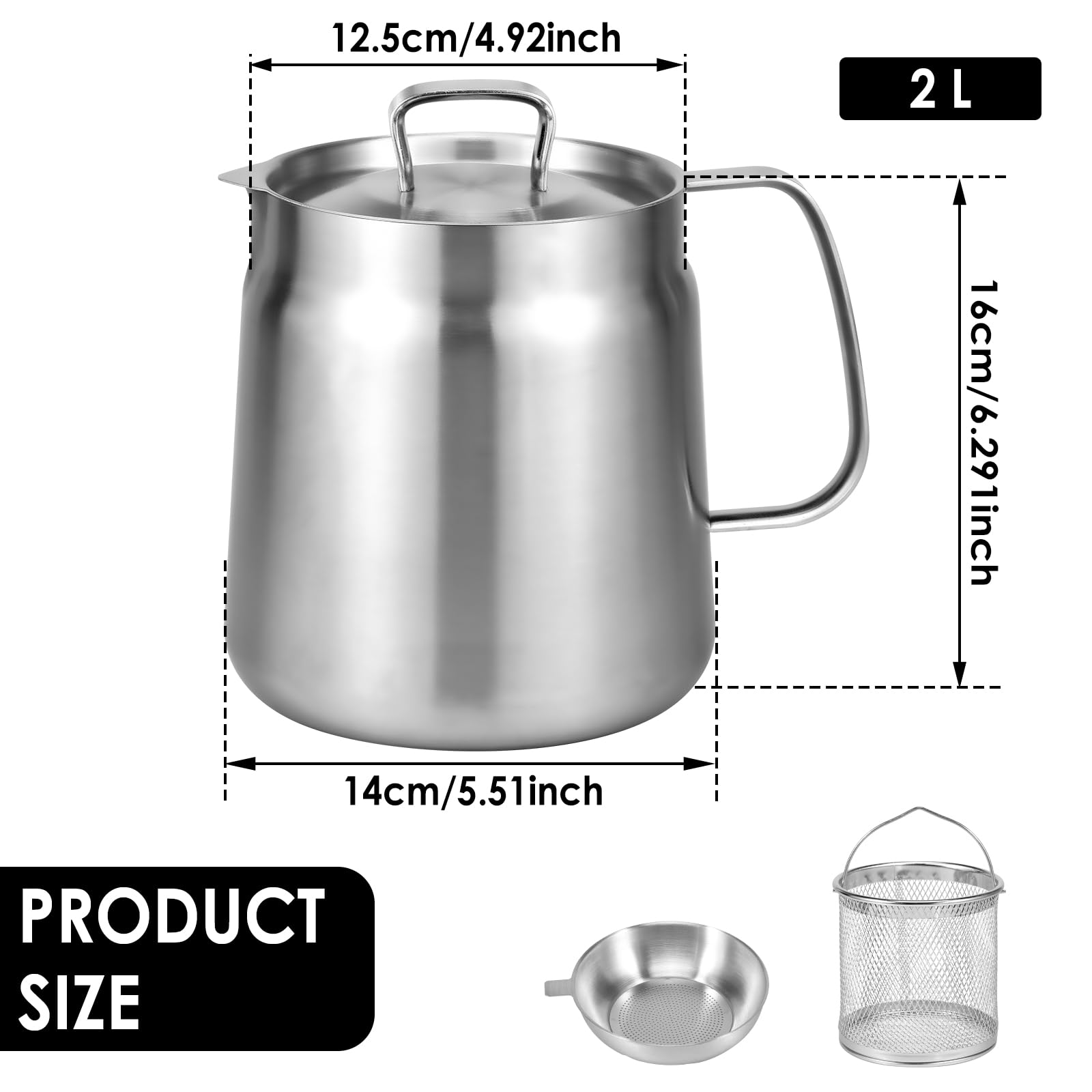 Vaso per filtro dell'olio in acciaio inox, 1,5 l/2 l, capacità, con filtro a rete fine e cestello per friggitrice, serbatoio per filtro dell'olio multifunzionale, contenitore per grasso per