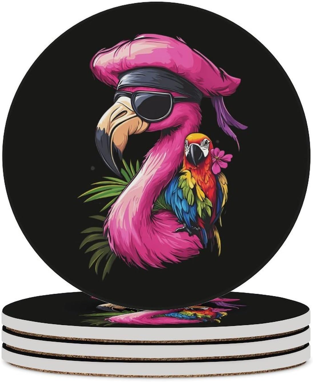 Cute Flamingo Parrot Bird Round Ceramic Coasters Print Drinks Absorbent with Cork Base for Home Decor Gifts 4 Inch