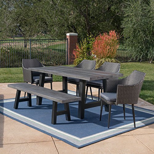 Christopher Knight Home Atina Outdoor Wicker Dining Set With Lightweight Concrete Table, Bench, And Water Resistant Cushions, 6-Pcs Set, Natural Grey / Black / Mixed Black / Grey Cushions #TOP2