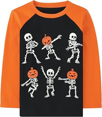 Shirts Boys Girls Halloween Raglan Long Sleeve Kids Pumpkin Skeleton Glow in The Dark Tops 4-11 Years