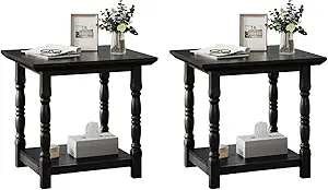 DWVO Farmhouse Square Coffee Table Set of 2, Antique Accent Side Table with Floor Shelf, 23.6"x 23.6" Living Room Furniture, Black