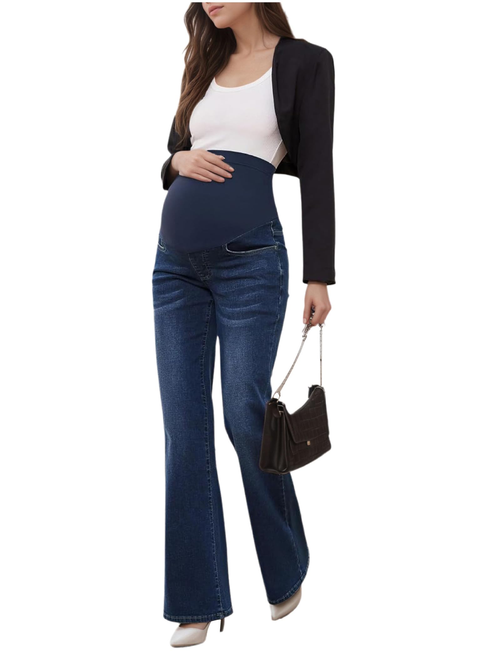 Pantalones vaqueros de maternidad para mujer, con cintura alta, elásticos, acampanados, con bolsillos
