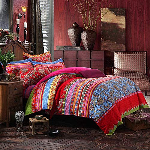 Abreeze Bohemian Duvet Cover Set Colorful Red Boho Retro Bedding Set Damask Paisley Cotton Duvet Cover Tribal Reversible Bedding Exotic Style Comforter Cover 3-Piece King #TOP1