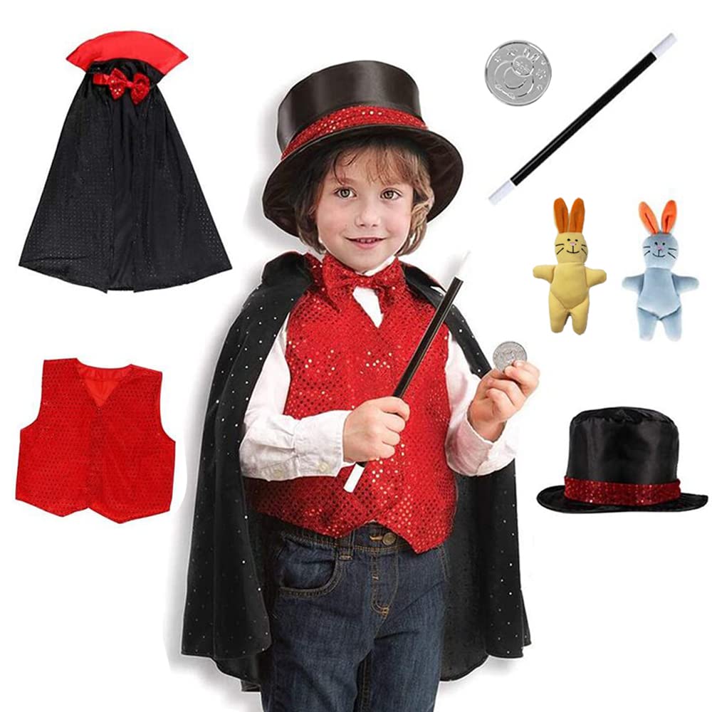 skyllc Wizard Costume Children, Magic Costume with Magic Hat, Wand and Other Accessories, Wizard Costume Children Boys Girls Birthday Carnival Halloween