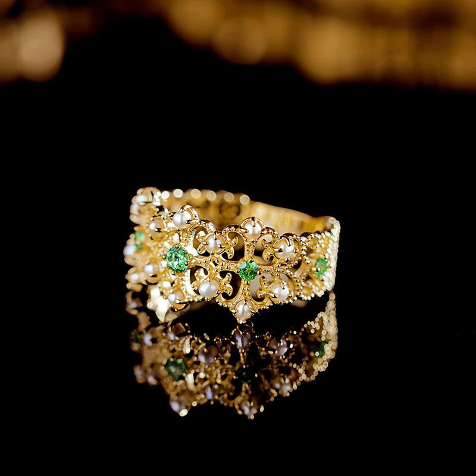 Anelli Fidanzamento Donna, Anello in Oro Giallo da Donna Fiore Cavo con tsavorite e Perle