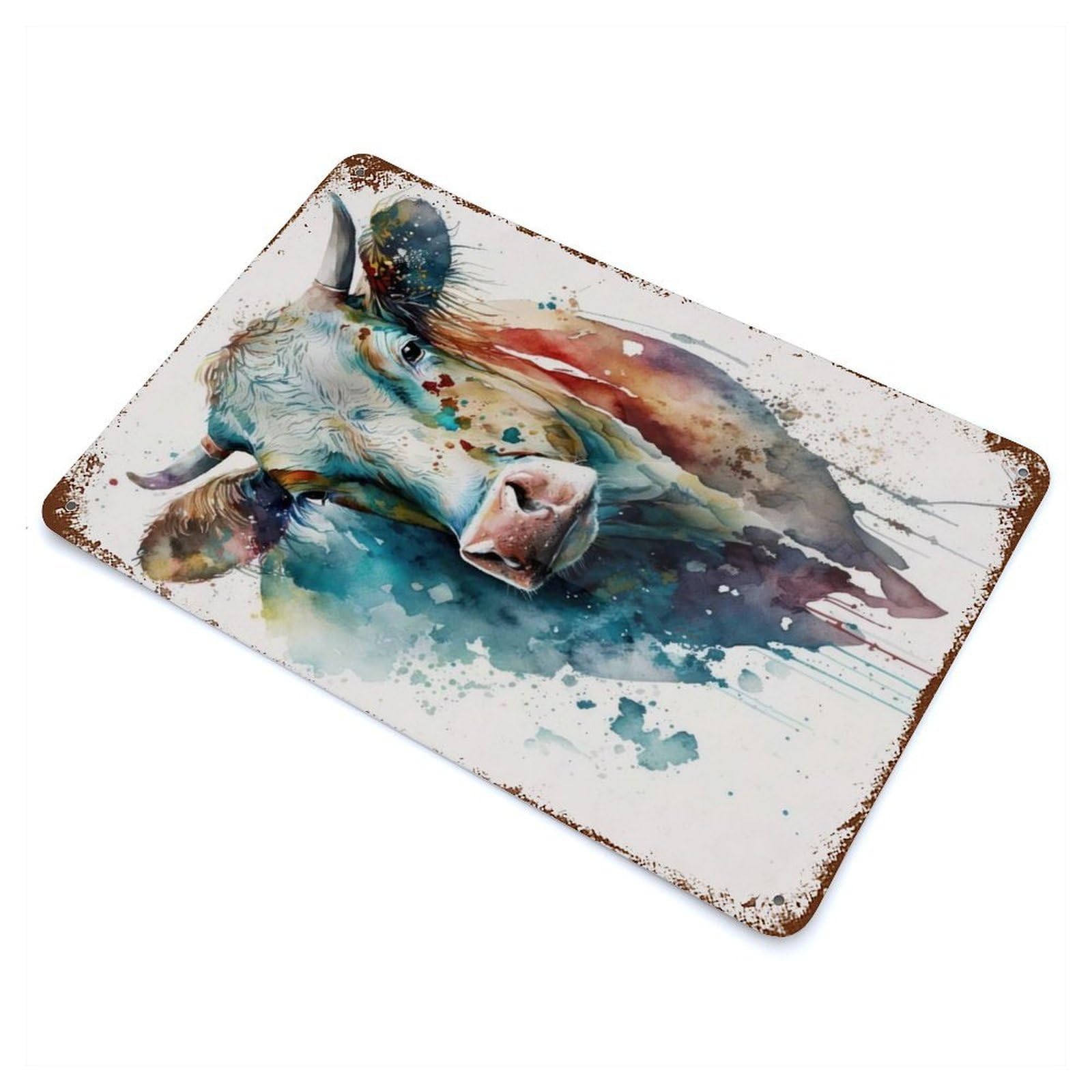 Gentle Cow in Watercolor 11.8"x7.9" Aged Metal Wall Plaque, Novelty Wall Decor for Garage, Bar And Workshop Decor