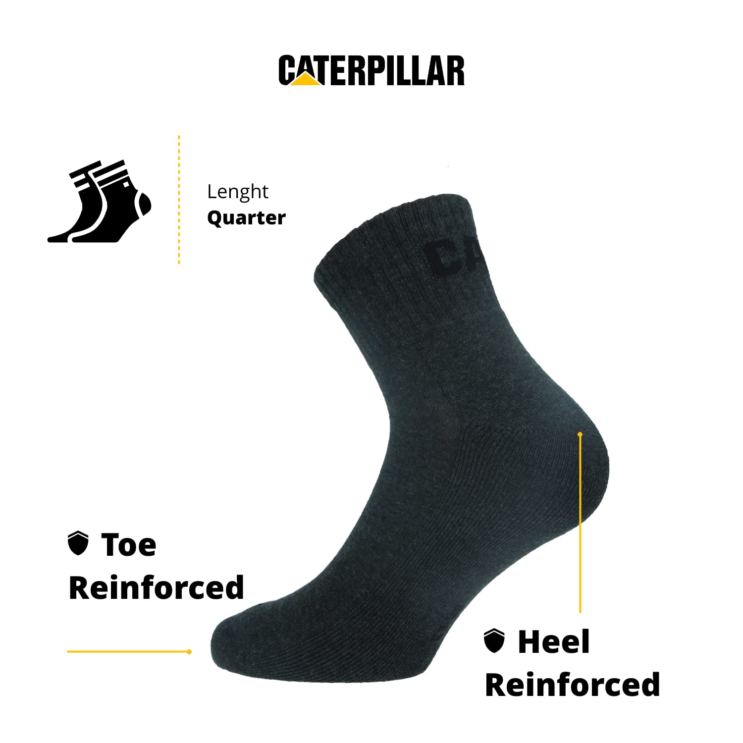 Caterpillar Quarter Socks 6 paires de chaussettes de travail pour hommes, hauteur au-dessus de la cheville, renforcées aux orteils et au talon, coton d'excellente qualité