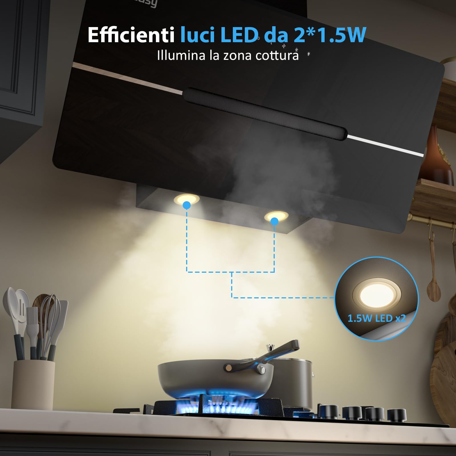 Cappa Cucina 90 cm, IsEasy Cappa Aspirante 90cm con 578 m³/h Forte Aspirazione, Touch Control, 3 Livelli di Regolazione, Ricircolo e Modalità di Scarico, Nero, 58 dB, Efficienza A++