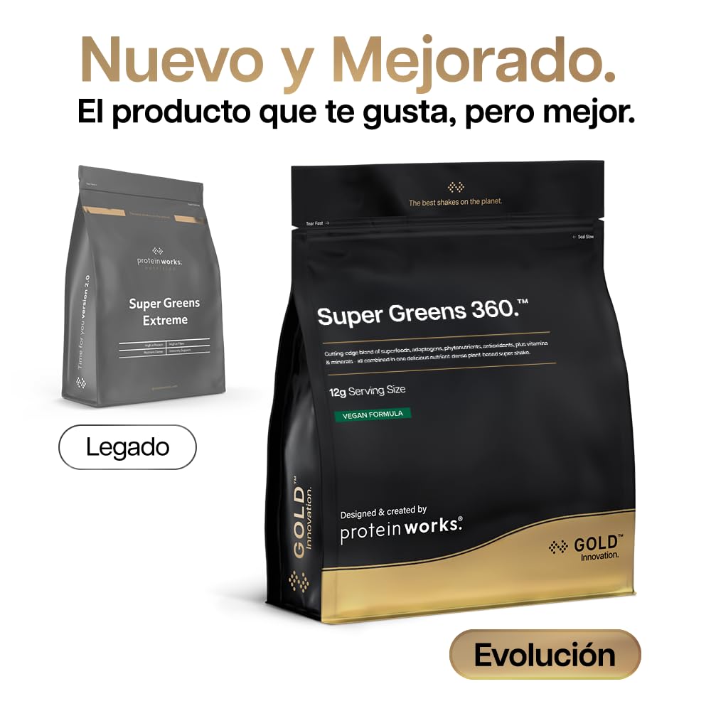 Protein Works | Super Greens 360 - Gold, Ponche Tropical, 1 kg | Mezcla de Superalimentos Verdes Mejorada, 159 Beneficios para la Salud, Antioxidantes, Adaptógenos, Vegano, 83 Porciones