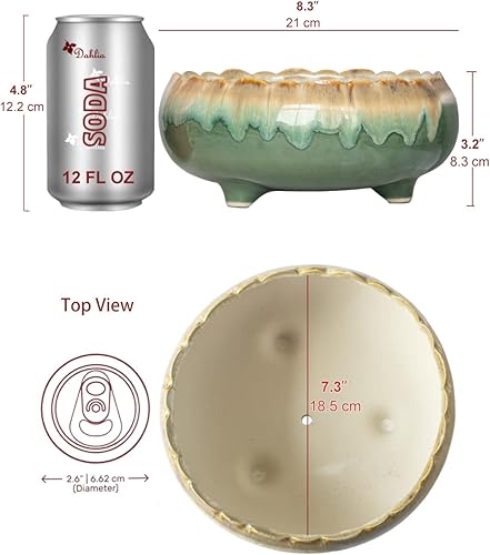 Miniatura 9 de Dahlia Macetero de cerámica esmaltada de goteo grande, poco profundoancho de 8.3 pulgadas, maceta para suculentas, color azul