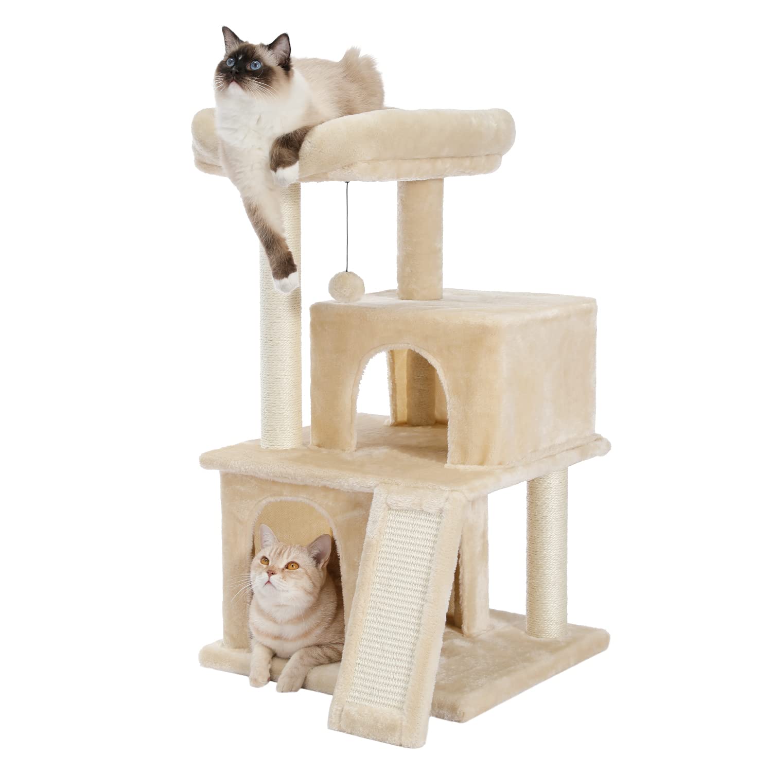PAWZ Road 86 cm, torre per gatti con doppio condominio, per gatti di grandi dimensioni, con posatoio rimovibile e palo in sisal completamente avvolto, beige