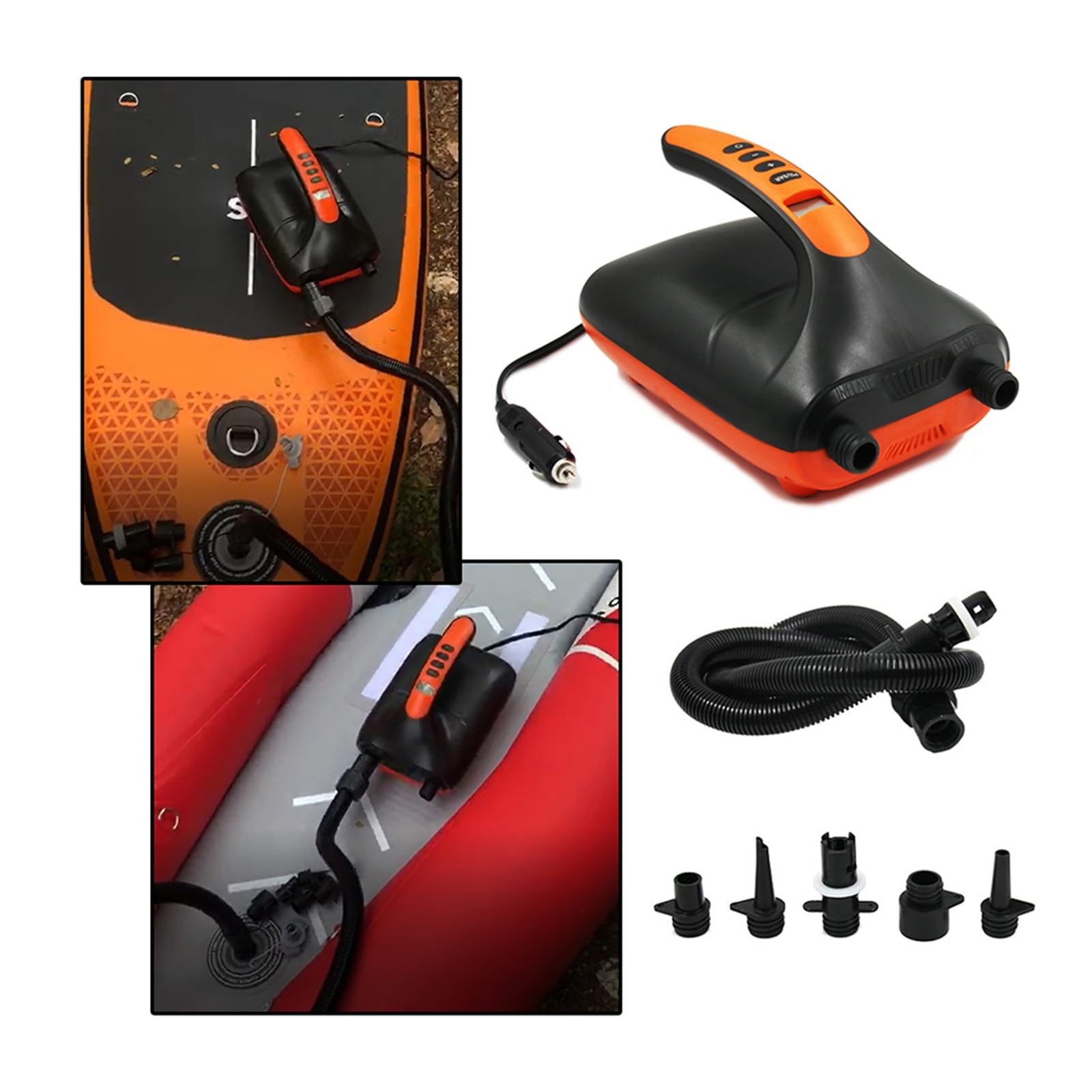 Elektryczna pompka powietrza, Pompka pneumatyczna do łodzi SUP 20PSI z automatycznym wyłączaniem, wyświetlaczem LCD, przenośna sprężarka powietrza, pomarańczowa
