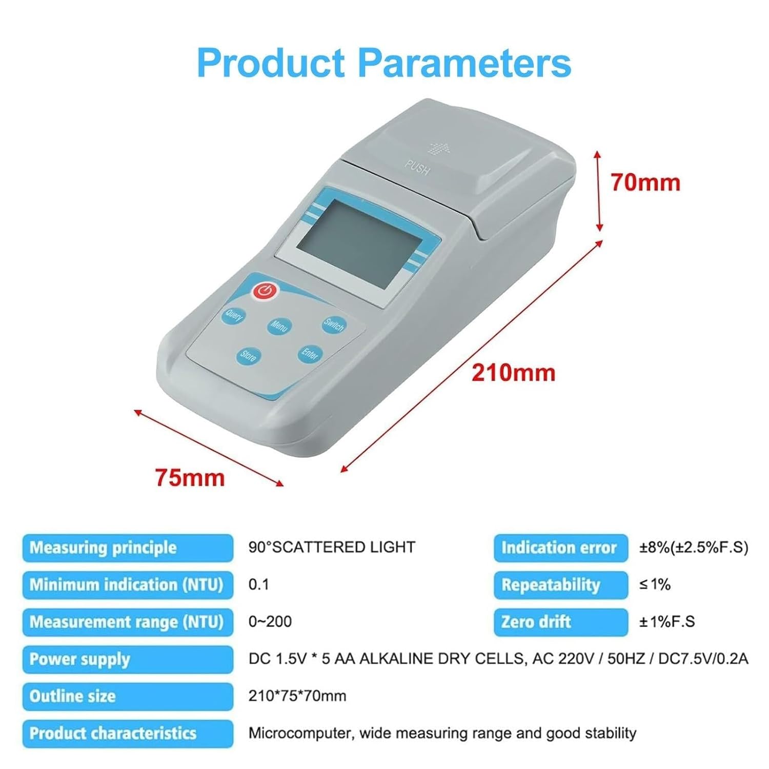 Portable Digital Display Sewage Turbidity Meter, Handheld Lab Turbidity Tester, Measuring Range 0-200 NTU, 90°Scattered Light