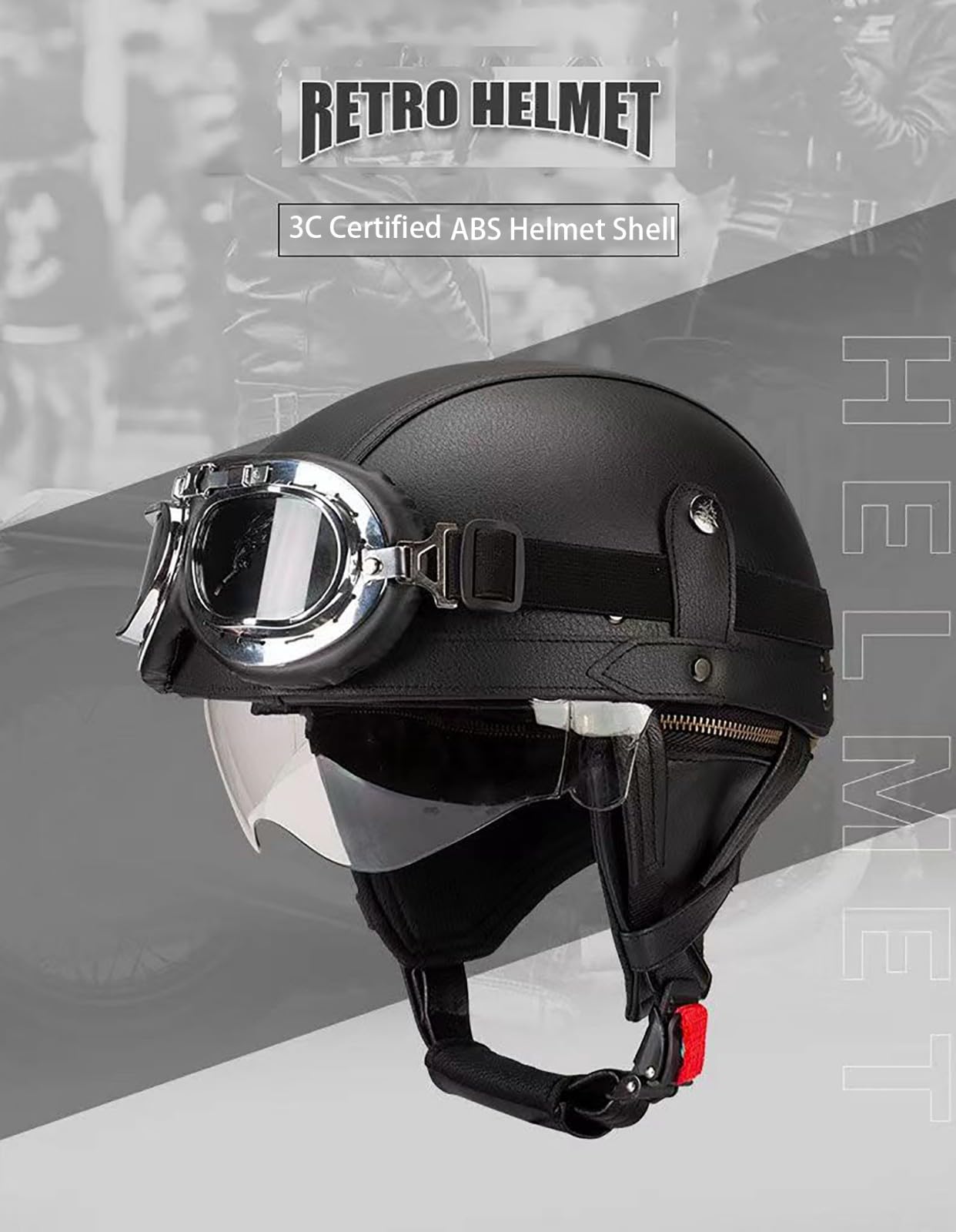 Retro Motorrad Halbhelme Leder Halbhelm, Halbschalenhelm Mit ECE, Deutscher Leder-Motorrad Halbhelm Mit Schutzbrille Visier, Für Moped Fahrrad Cruiser Scooter Chopper L,M (57-58CM)