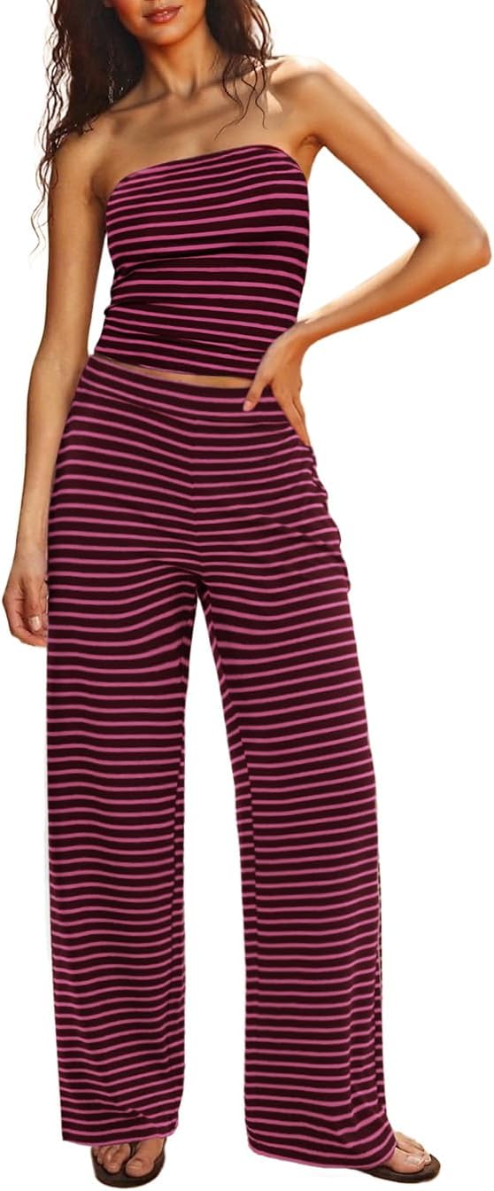Two Piece Sets For Women Summer Outfits Lounge Sets Striped Tube Top And Pants Matching Sets Beach Vacation Travel