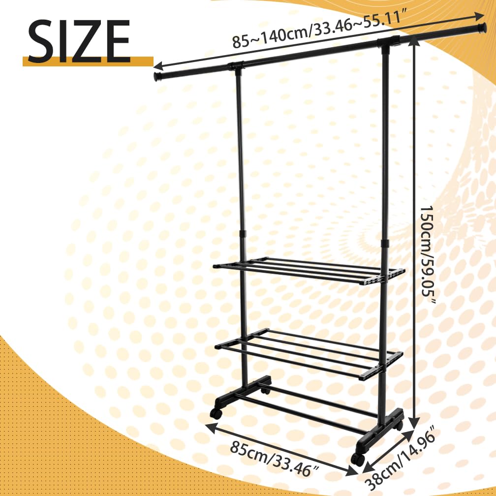 Hershii Adjustable Clothes Rack with 2 Shelves and Wheels Single Rod Clothing Hanging Rail 85-140cm L Garment Storage Stand Mobile Coat Organizer for Bedroom Living Room - Image 4