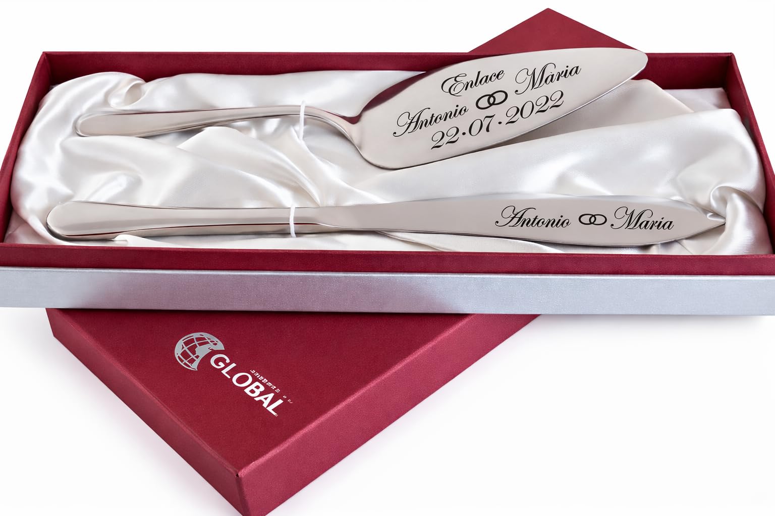 Genérico Estuche Cuchillo y Pala Personalizado para Tarta de Acero - Corta tartas con Nombre y Fecha - Juego servidor para pastel de Bodas,Comuniones y Eventos
