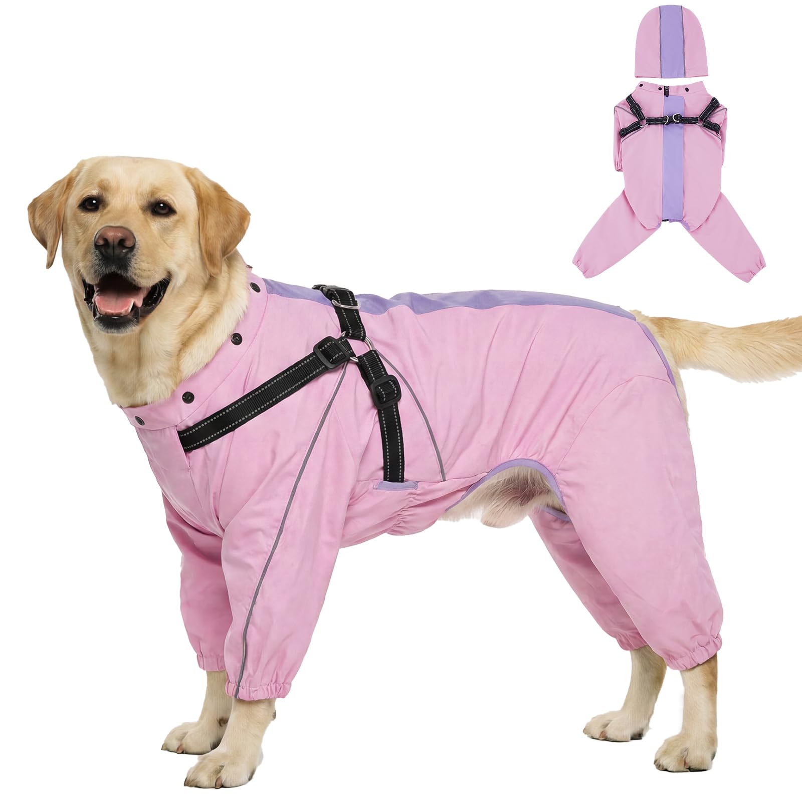 Lelepet Dog Waterproof Jacket, Raincoat for Large Dogs, Reflective Windproof Dog Coat with Harness Built-In, Lightweight Pet Rain Jacket Safety Snow-proof Vest, Pink 2XL