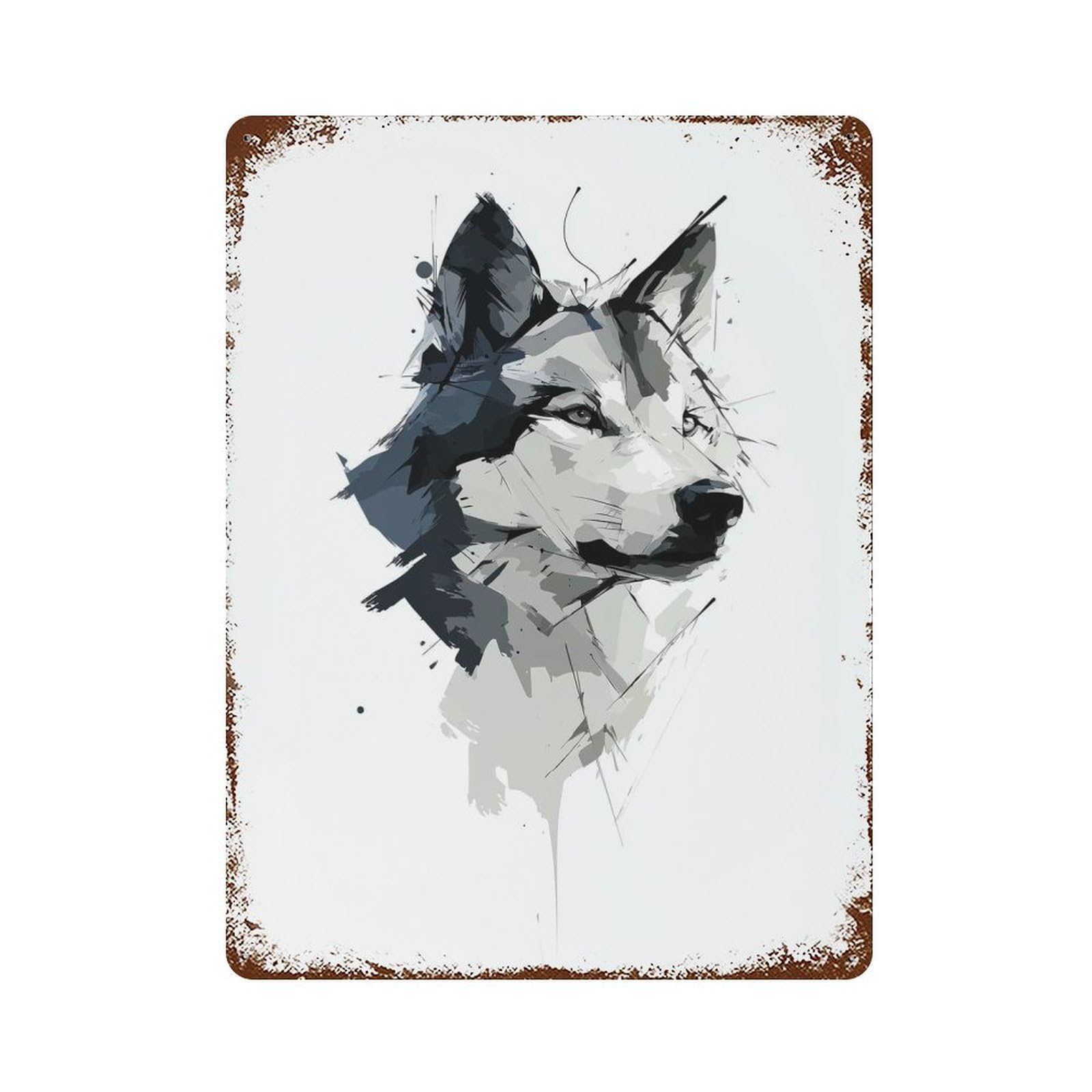 Garage Style Abstract Wolf Vector Portrait in Watercolor Style Rust Effect Tin Sign 15.7"x11.8", Farmhouse Wall Decor for Bar And Workshop