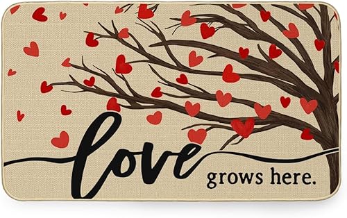 CROWNED BEAUTY Love Grows Here - Tapete para puerta delantera, decoración del día de San Valentín, para interiores y exteriores, tapete de
