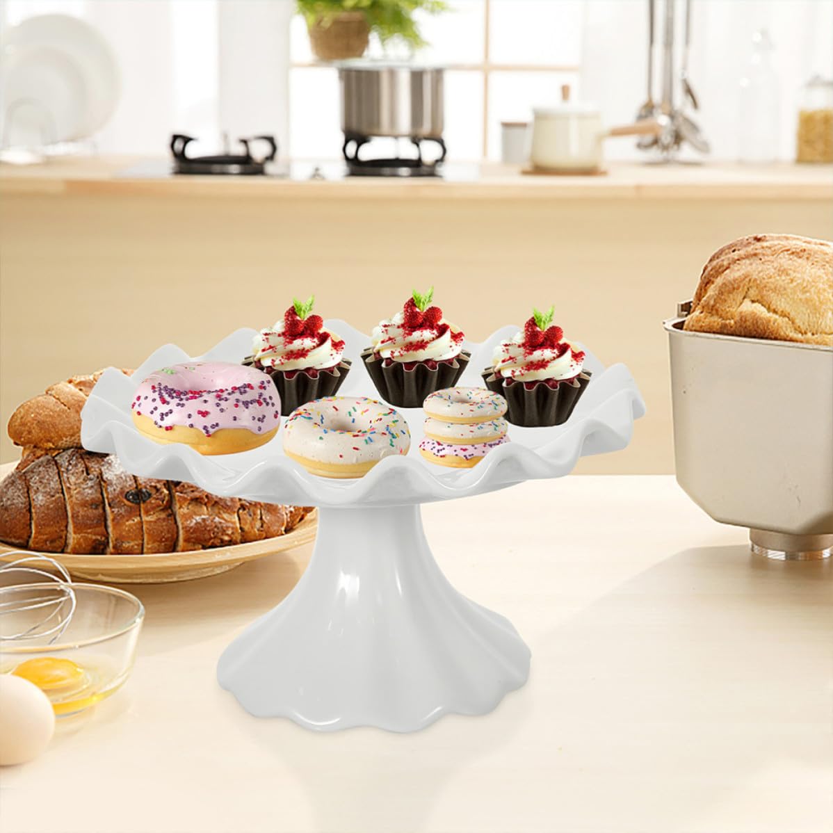 GALPADA Alzata per Dolci in Ceramica Bianca, Elegante, a Onda