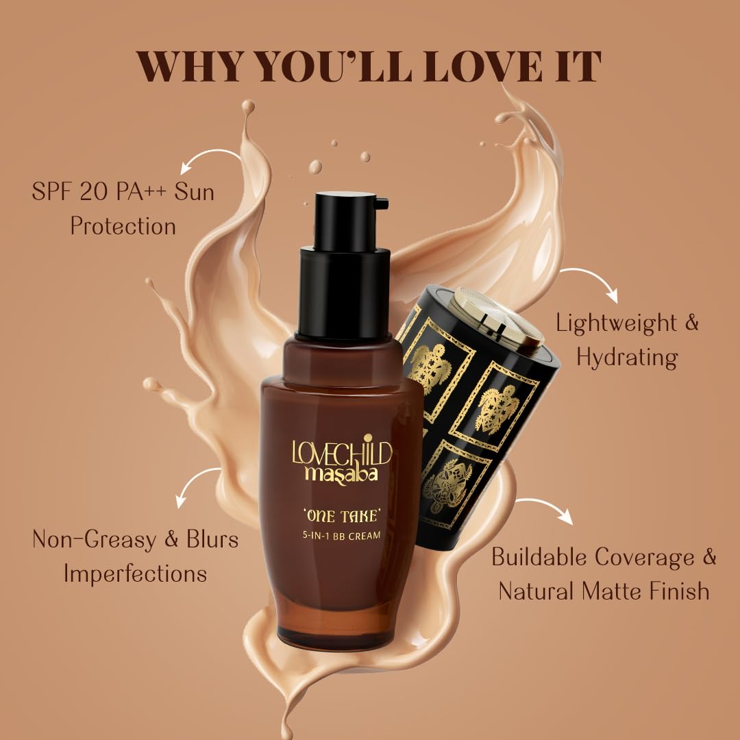 LoveChild Masaba One Take 5 in 1 BB Cream For Deep Skin Tone, Benefits of Serum, Primer, Moisturizer, Concealer & SPF 20 PA ++ Matte Finish All-in-One Tint for Flawless Skin, Miss Mighty 30ml - Image 5 thumbnail