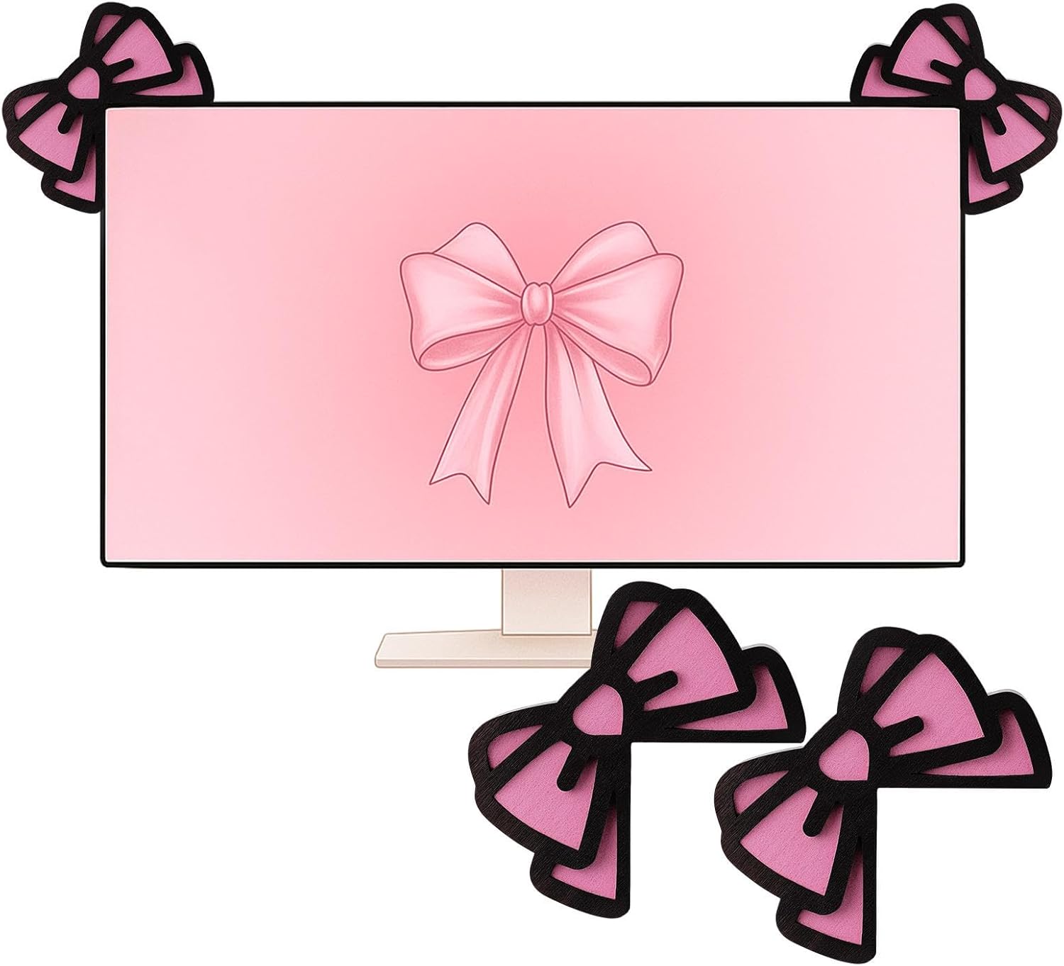 Thyle 2 Pcs Soft Pink Computer Monitor Decor 3D Wood Cute Computer Decor Coquettish PC Decorations Mini Laptop Office Decoration Christmas Gamer Gift for Women