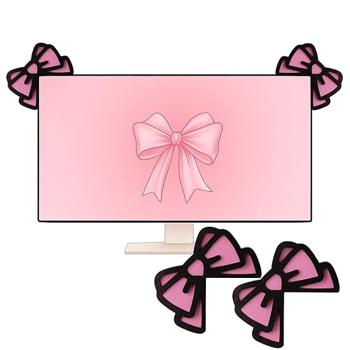 Thyle 2 Pcs Pink Bow Computer Monitor Decor 3D Wood Cute Computer Decor Coquettish PC Decorations Mini Laptop Office Decoration Christmas Gamer Gift for Women - Pink Bow