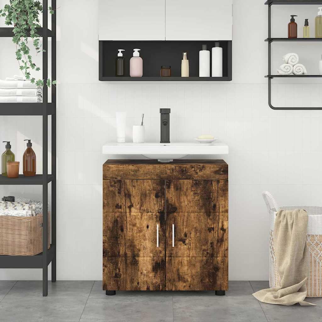 Tulum - Juego de lavabo para baño (roble ahumado, 60 x 34 x 63 cm, material de madera mate, muebles de baño con espacio de almacenamiento, moderno y duradero, para baños pequeños y