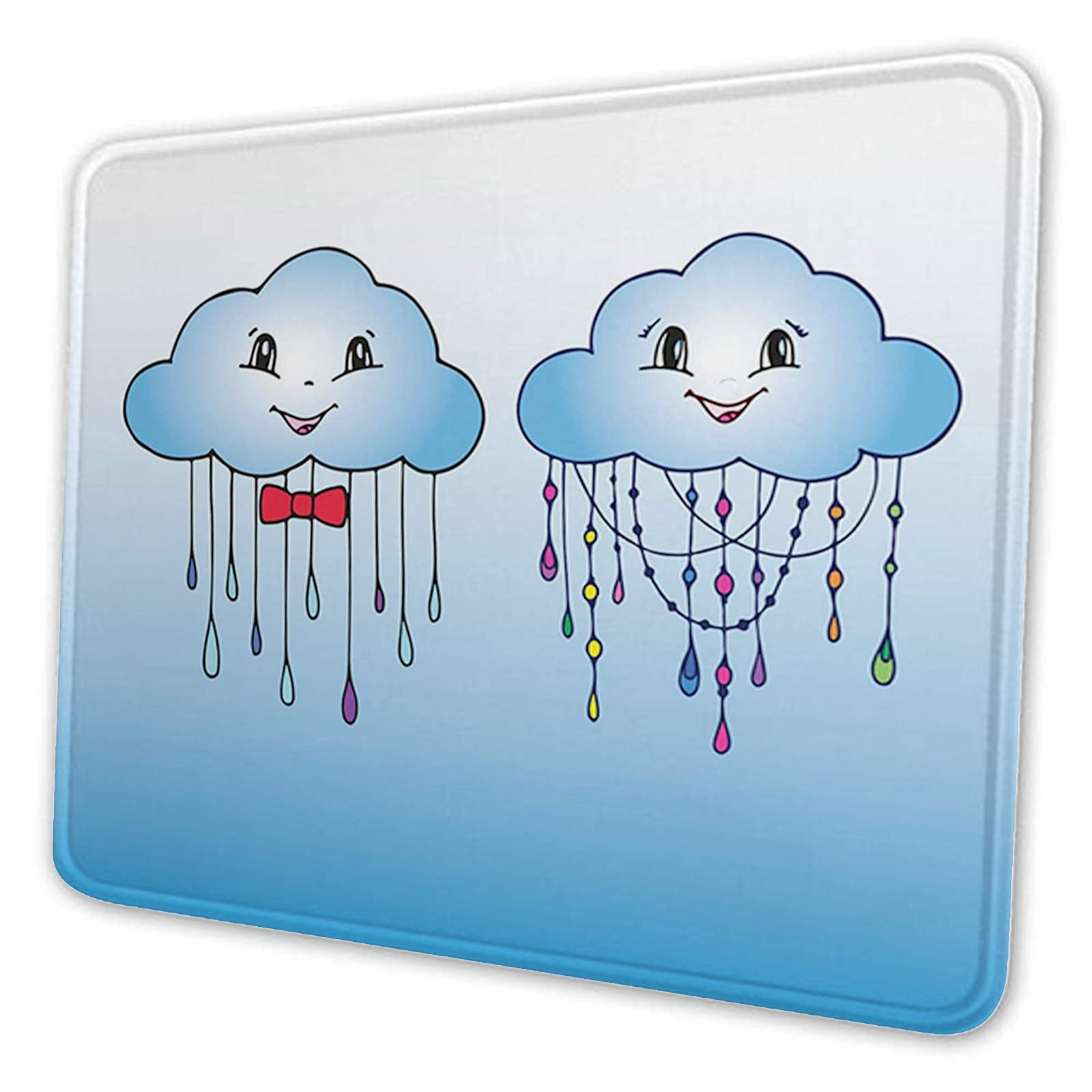 Square Design Mouse Pad, Non-slip Rubber Office Accessory Desk Decoration,Doodle Clouds of Two Genders with Ornamental Colorful Raind Cute Design Desk Accessories. Non-Slip, Stitched Edges, Waterproof