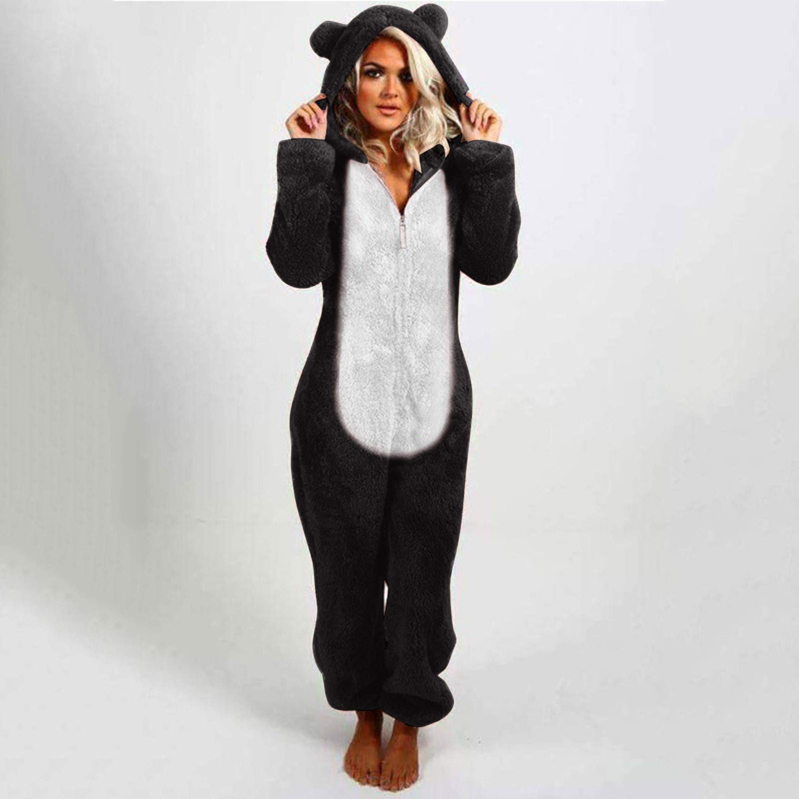 Onesie - Tutina da donna in pile, casual, tinta unita, per adulti e donne, pigiama, a maniche lunghe, con orsacchiotto, in pile, Nero , s