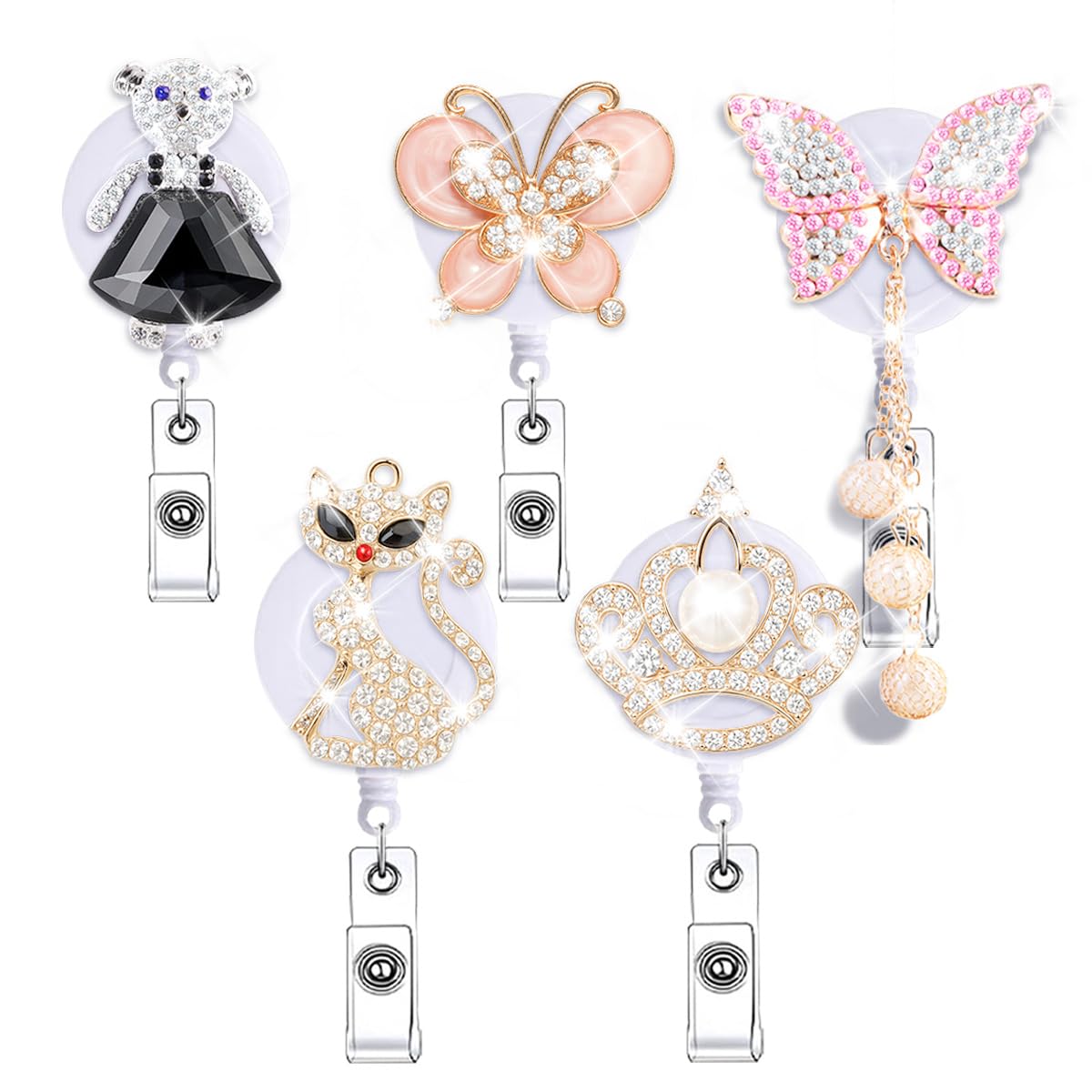 Abamilaka 5 Pcs Rhinestone Retractable Nurse Badge Reel Holder Cute Glitter Crystal Crown Bear Fox Butterfly Nursing Student Badge Clip Accessories