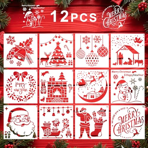 Reusable Christmas Stencils Set of 12 - Stencils for Painting On Wood Walls Fabric Windows - Santa Snowman Pine Tree Deer Xmas Holiday Stencil for Christmas Decorations (Christmas-5A)